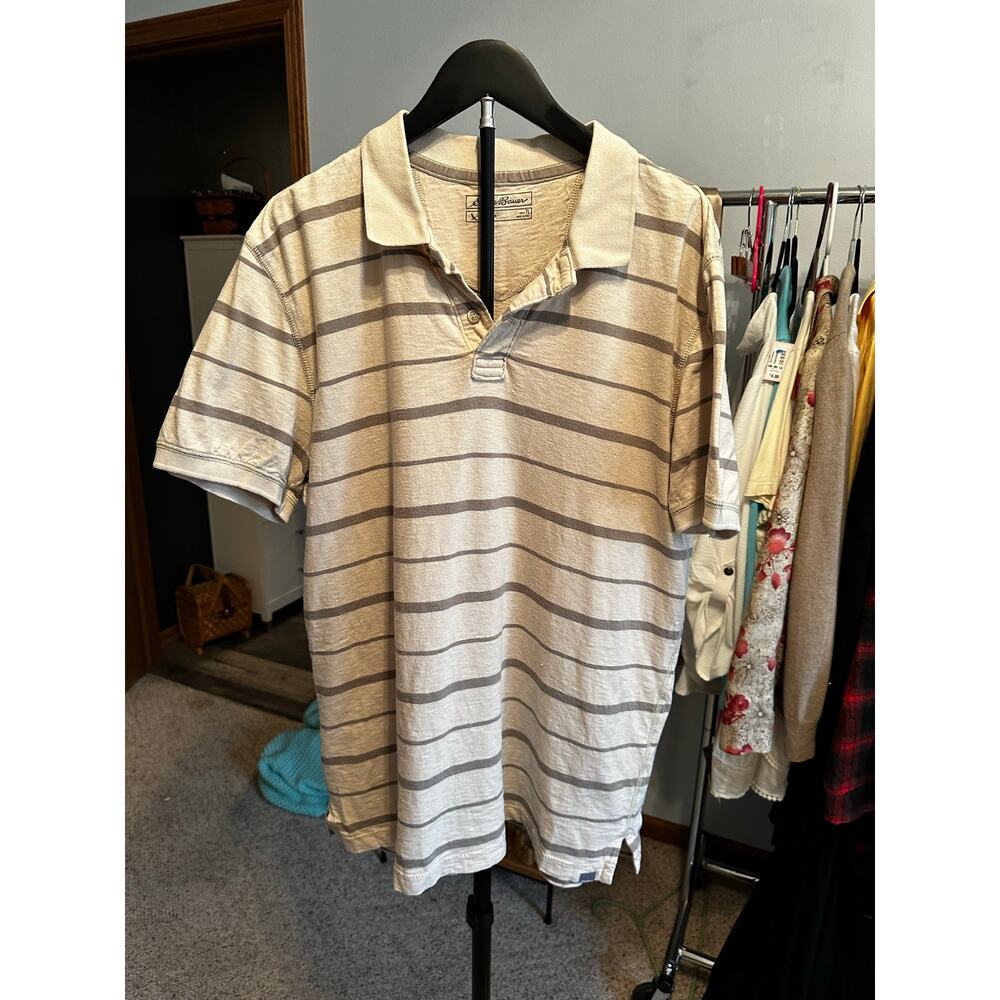 Vintage Eddie Bauer Striped T-Shirt Tan Polo Men's Tall L Short Sleeve